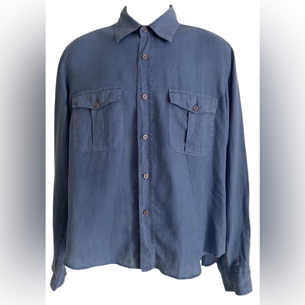 VILEBREQUIN MENS SHIRT‎ BLUE 100% LINEN FLAP POCKETS M